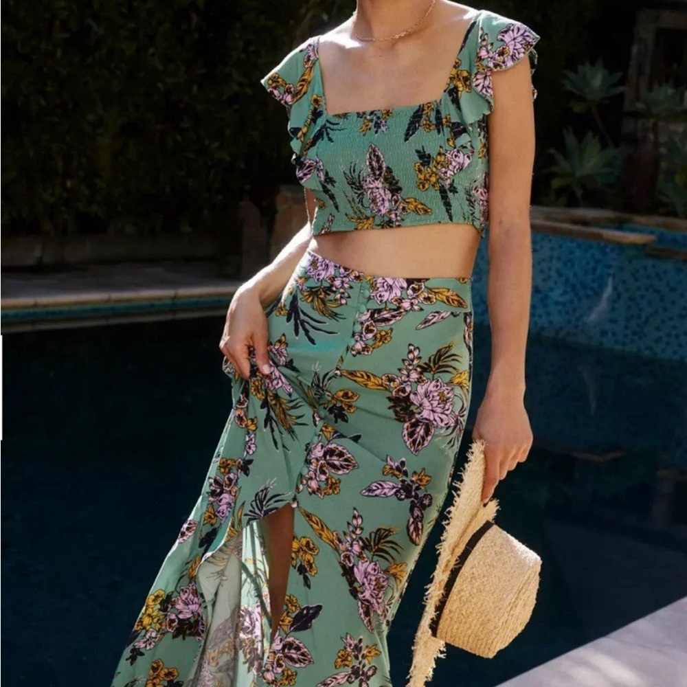 Maaji Trop tropic Green Maxi Wrap Skirt and Reversible crop tie bow Top Set NWT